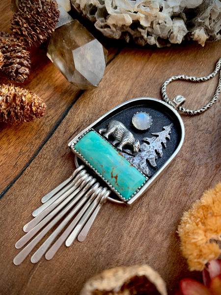 Forest Bear Shadowbox Necklace with Moonstone