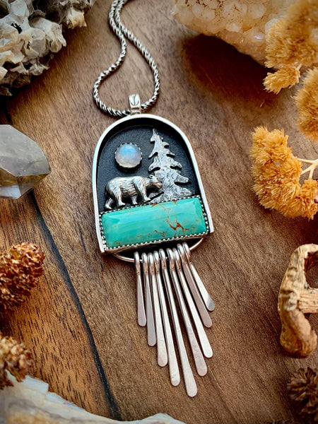 Forest Bear Shadowbox Necklace with Moonstone
