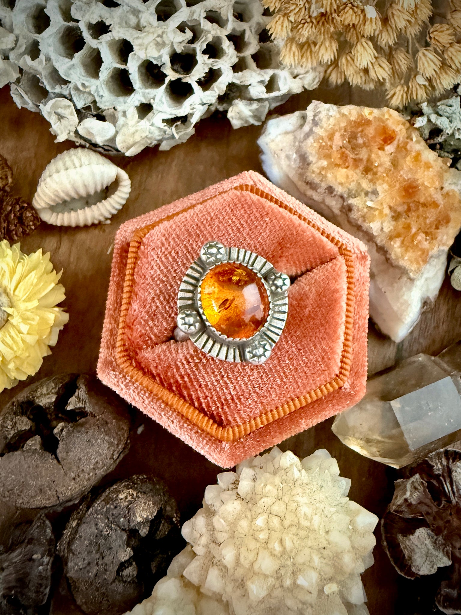 Amber Compass ring Sz 8