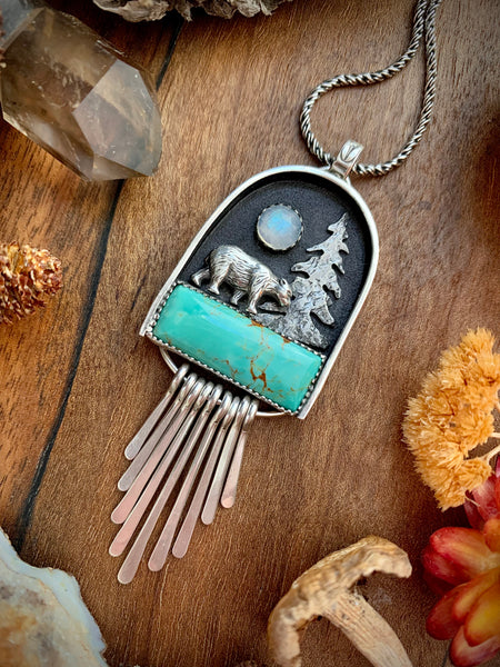 Forest Bear Shadowbox Necklace with Moonstone